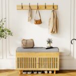 Coat Rack Shoe Bench Set, Bamboo Shoe Storage Bench with Seat Cushion & 5 Hooks, Hall Tree Entryway Bench with Lift Top Hidden Storage, 35.4" W x 12.6" D x 19.7" H, for Entryway, Living Room, Bedroom - Image 2