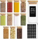 ComSaf 12Pcs Glass Spice Jars with Bamboo Lid, 10oz Airtight Square Containers with 275 Black Lables, Empty Seasoning Jars for Spice Salt Sugar - Image 2