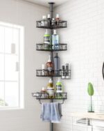 Corner Shower Caddy Tension Pole, 4-Tier Rustproof Bathroom Organizer Storage for Inside Shower Bathtub Shampoo,39 to 113 Inch Adjustable Floor Standing Shelves Black - Image 2