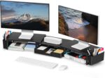Desk Organizers and Accessories, Dual Monitor Stand Riser with Drawer and 2 Pen Holders, Desk Shelf Metal Computer Racks for Office Workspace Organizers, Desktop Organization (Black) - Image 2