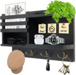Farmhouse Wall Decor Key Holder with Mail Organizer - Solid Wood Wall Mount Key Rack (8 Hooks) | Self-Adhesive/Drill Install | Entryway Shelf for Keys, Sunglasses & Home Organization (BLACK) - Image 2