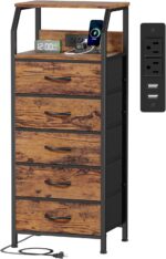 Furnulem 5 Drawers Dresser with Charging Station, Tall Night Stand with Storage Shelf, Fabric Chest of Drawers, Bedside Table for Closet, Entryway, Bedroom Furniture, 3 Ways to Use, Rustic Brown - Image 2