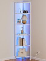 Furnulem 6 Tier Corner Shelf with LED Light, 67.5” Tall Standing Shelf Organizer, White Narrow Bookshelf with Storage Rack for Wall Corner, Living Room, Bedroom, Metal Frame, Wood Display Shelf - Image 2
