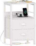 Furologee End Table with Charging Station, Nightstand with Fabric Drawers, Side Tables with USB Ports & Outlets, Night Stand with Storage Shelf & Hooks, for Living Room/Bedroom, White - Image 2