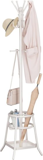 Heavy Duty Freestanding Coat Rack with 12 Hooks & Umbrella Holder - White Metal Clothes Hat Sturdy Standing Hall Tree for Entryway, Living Room, Bedroom, Office Organization (White) - Image 2