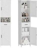 Homhedy 67" H Tall Bathroom Storage Cabinet with 2 Barn Doors and 1 Drawer, Narrow Storage Unit, Adjustable Shelves, Floor Cabinet for Bathroom, Living Room, Entryway, Kitchen, White, (15.7" W) - Image 2