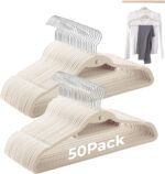 Ivory Velvet Hangers 50 Pack, Felt Covered Non Slip Fabric with Stackable Cascading Hook, Ultra Thin and Space Saving with 360° Swivel Neck, 15Lbs Capacity for Clothes, Suit, Shirt, Coat - Image 2