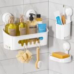 LEVERLOC Shower Caddy Suction Cup Set Shower Organizer & Soap Holder & Toothbrush Holder, Bathroom Shelf Basket NO-Drilling, Removable Suction Storage Waterproof Bathroom Caddy, White - Image 2
