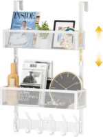 LUCYCAZ Adjustable Over The Door Hooks Organizer, Hanger Storage with 10 Coat Hooks & 2 Mesh Basket, Over The Door Towel Rack Organizer for Bathroom, Bedroom, Kitchen (White) - Image 2