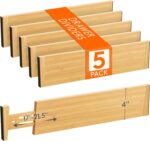 Lifewit 5 Pack 4" High Bamboo Drawer Dividers, 17-21.5" Adjustable Drawer Organizers for Clothes, Wood Dresser Drawer Divider, Expandable Deep Drawer Separators for Dresser, Kitchen, Bedroom, Bathroom - Image 2