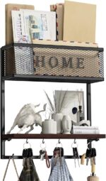 Mail and Key Holder Wall Mount, Entryway Wall Organizer with 11 Hooks and Wooden Shelf for Home Decor (Black) - Image 2