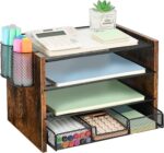 OPNCIE Desk Organizer and Accessories, 4-Tier Paper Letter Tray File Organizer with Drawer & 2 Pen Holder, Office Desk Accessories Workspace Desktop Organizer for Office Supplies(Brown) - Image 2