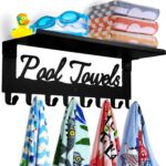 Pool Towel Racks with Shelf 8 Hooks for Pool Bathroom Wall Mount Towel Hooks Towel Holder Carbon Steel Hanger Organizer Pool Accessories Outdoor for Robe,Towel,Coat,Swimsuit,Bag,Keys - Image 2