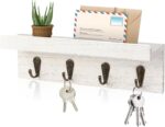Rustic Key Holder for Wall, Farmhouse Wall Shelf with 4 Hooks, Wall Mounted Key Racks, Wooden Mail Organizer with Hooks for Entryway (White) - Image 2