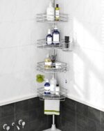 SEIRIONE Corner Shower Caddy Tension Pole, Quick Setup, Rust-Free Bathroom Shower Organizer Corner for Bathtub Shampoo Storage, 4-Tier Adjustable Shelf, Drill Free, Fits 34 to 116 Inch Height, Silver - Image 2