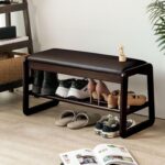 Shoe Bench, Entryway Bench with Leather Cushion, Solid Wood Shoe Rack, Mid Century Modern Bench, Shoe Storage, Shoe Organizer for Entryway (Brown, 31.5" W) - Image 2