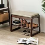 Shoe Bench, Entryway Bench with Leather Cushion, Solid Wood Shoe Rack, Mid Century Modern Bench, Shoe Storage, Shoe Organizer for Entryway (Grey, 21.7" W) - Image 2