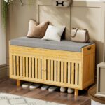 Shoe Storage Bench, Bamboo Entryway Bench with 2 Doors & Padded Seat Cushion, 35.4" W x 12.6" D x 19.7" H, 2-Tier Shoe Rack with Lift Top Hidden Storage, for Entryway, Living Room, Bedroom, Natural - Image 2