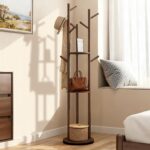 Solid Wood Coat Rack, Rotary Freestanding with 3 Shelves and 9 Hooks Coat Tree, Heavy Duty Coat Stand for Hats, Bags, Coats, for Entryway, Hallway, Bedroom, Office, Walnut - Image 2
