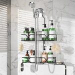 Stainless Steel Hanging Shower Caddy for Handheld Shower Heads,Adjustable Height Extra Long Bathroom Shower Organizer Hanger Rack with Hooks,Soap Holder - Image 2