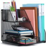 Topwey Desk Organizer, File Organizer for Desk with 2-Tier Paper Letter Tray, Drawer and 2 Pen Holder, Mesh Desktop Organization with Magazine Holder for Office Supplies - Image 2