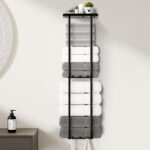 Towel Racks for Bathroom, 36.6 inch Metal Towel Storage, 8 Large Bath Towels Capacity, 3-Tier Towel Holder for Bathroom, with Shelf & 6 Hooks, Wall Mounted Towel Rack for Rolled Towels, Black - Image 2
