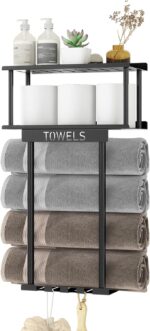 Towel Racks for Bathroom Wall Mounted, Metal Bath Towel Rack for Rolled Towels, Wall Towel Storage Holder with Shelf & Storage Basket, Towel Organizer with Hooks for Small Bathroom - Black - Image 2