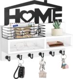 VIS'V Key Holder Wall Mount, Decorative Wooden Mail and Key Organizer with Storage Basket and Shelf, 2 Compartments, 6 Hooks, White - Image 2