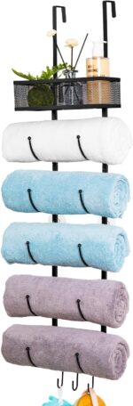 Wetheny 6 Tier Over The Door Towel Racks for Bathroom - Towel Rack Wall Mounted with Metal Basket and 3 Hooks - Rolled Towel Holder Organizer Hanging Towel Storage - Black - Image 2