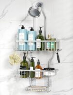 YASONIC Shower Caddy Hanging - Never Rust Shower Organizer - Aluminum Over The Head Caddy with 10 Hooks for Razor/Sponge - Rack with Soap Basket - Silver - Image 2