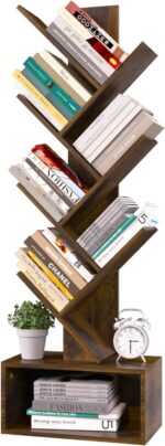 Yoobure Tree Bookshelf - 6 Shelf Retro Floor Standing Bookcase, Tall Wood Book Storage Rack for CDs/Movies/Books, Utility Book Organizer Shelves for Bedroom, Living Room, Home Office, Rustic Brown - Image 2