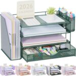 gianotter 4-Tier Desk Organizer with Drawers, File Holders, Letter Trays and Pen Holders - Workspace Accessories for Office Supplies (Green) - Image 2