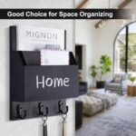 Key and Mail Holder for Wall Mount, Entryway Mail Holder with 2 Slot, Key Holder with 3 Sturdy Hooks for Coat, Dog Leash, Decorative Key Rack (8.86”W x 11.42”H x 3”D) (Black) - Image 3