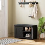 2-Tier Storage Bench, 27.6" Wide Shoe Bench with Padded Seat Cushion, Entryway Bench with 2 Barn Doors and Adjustable Shelf, Black - Image 3