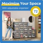 Shoe Organizer Cabinet Up to 72 Pairs, Shoe Closet-Covered Shoe Rack with See-Through Door (Clear, Plastic, Stackable) Cubby Portable Shoe Organizer with Covers, Hooks & Pockets, Black - Image 3