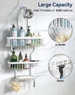 YASONIC Shower Caddy - Never Rust Aluminum Organizer - Over Shower Head with 10 Hooks & Soap Basket - White - Image 3