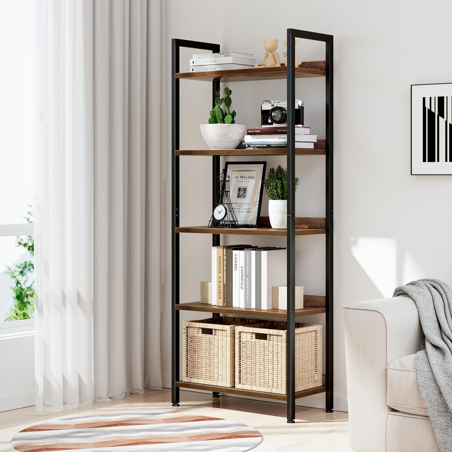 NUMENN Bookshelf, 5 Tier Bookshelves, Home Office Bookcase Shelf Storage Organizer, Free Standing Storage Shelving Unit for Bedroom, Living Room and Home Office, Vintage - Image 3
