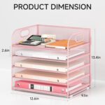 5 Tray Paper Organizer Letter Tray with Handle - Mesh Desk File Organizer, Paper Sorter Organizer for Office, Home or School File Folder Holder - Pink - Image 3