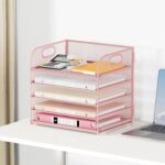 5 Tray Paper Organizer Letter Tray with Handle - Mesh Desk File Organizer, Paper Sorter Organizer for Office, Home or School File Folder Holder - Pink - Image 4