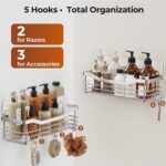 Orimade Shower Caddy Basket Shelf with 5 Hooks Adhesive Organizer Storage Rack Rustproof Wall Mounted Stainless Steel No Drilling for Bathroom, Toilet, Kitchen - 2 Pack - Image 6