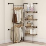 Industrial Pipe Clothing Rack, Heavy Duty Adjustable Garment Hanger with Shelves, 2 Installation Methods Closet Storage System for Wardrobe Organization (Black, 80" H x 55" W) - Image 5