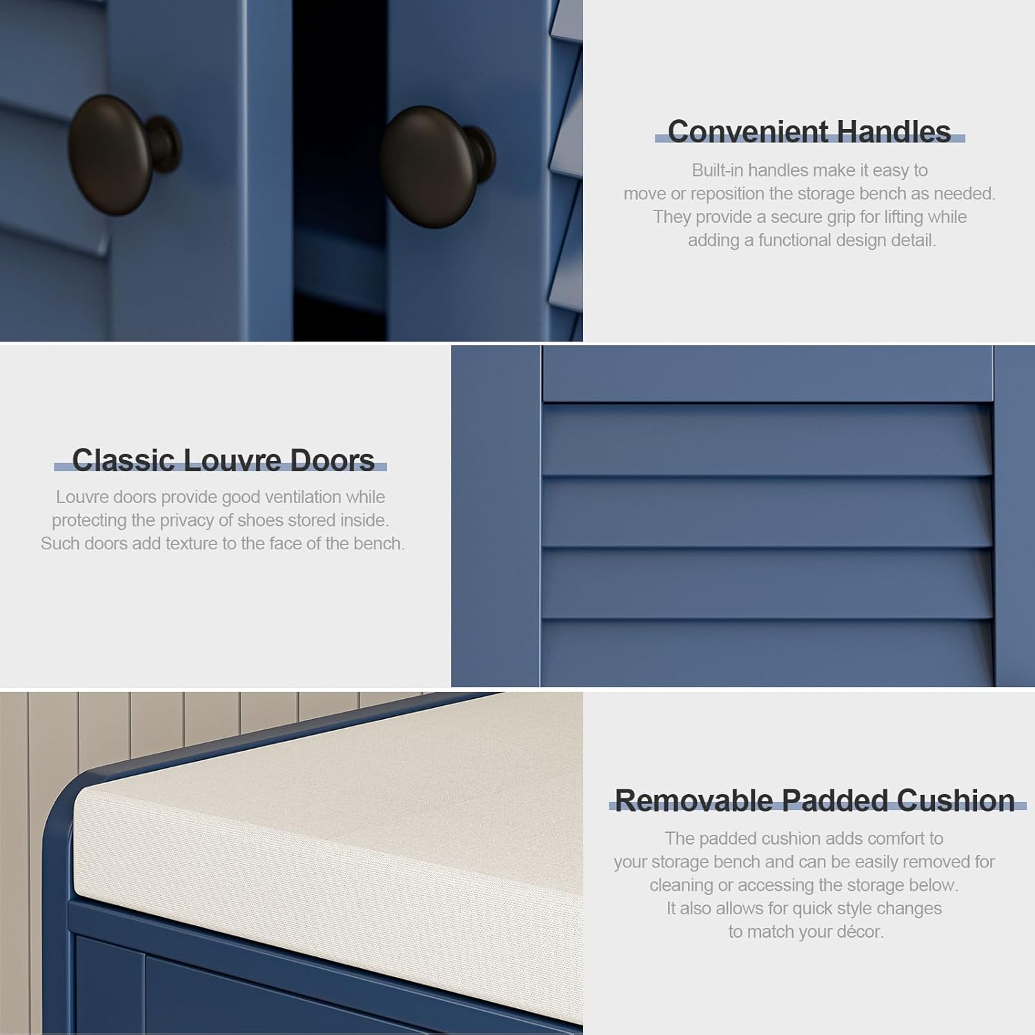 Shoe Storage Bench with Padded Seat Cushion, Classic Louvre Doors Shoe Bench for Entryway, Living Room, Bedroom, 13.7" Dx36.6 Wx18.3 H,Vintage Blue - Image 3