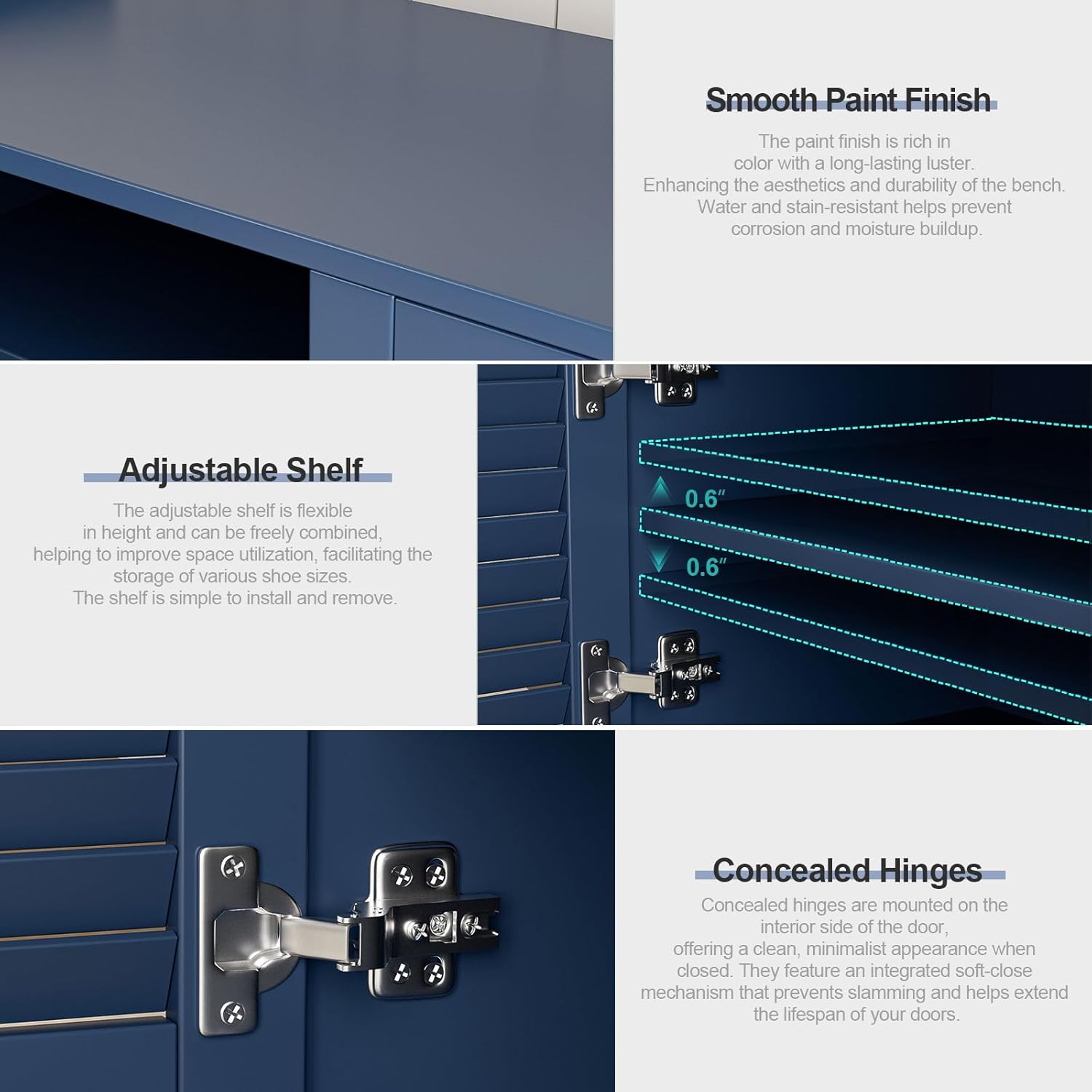 Shoe Storage Bench with Padded Seat Cushion, Classic Louvre Doors Shoe Bench for Entryway, Living Room, Bedroom, 13.7" Dx36.6 Wx18.3 H,Vintage Blue - Image 7