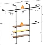 Cyclysio Industrial Pipe Clothing Rack, Reversible 7.25FT Wall Mounted Clothes Rack, Heavy Duty Garment Racks Closet Wardrobe with LED Lights& Shelves, Walk-in Closet System, Brown - Image 3