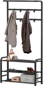 Simple Houseware Coat Rack with Storage Shelf, Freestanding Hall Tree with Hooks for Entryway, Bedroom, Office, Black Metal Clothes Hanger Stand for Coats, Hats, Jackets, Bags - Black - Image 3