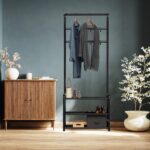 Simple Houseware Coat Rack with Storage Shelf, Freestanding Hall Tree with Hooks for Entryway, Bedroom, Office, Black Metal Clothes Hanger Stand for Coats, Hats, Jackets, Bags - Black - Image 4