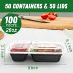 50 Pack (100-Piece) 28 oz Meal Prep Containers Reusable with Lids 2-Compartment, Sturdy Leakproof Food Safe, Microwave Freezer Dishwasher Safe, To Go Take Out Plastic Food Storage, Black - Image 3
