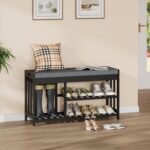 Shoe Rack Bench with Cushion,2 Tiers Shoe Bench with Flip-Top Storage,Wood Shoe Rack for Entryway, Hallway, Bedroom, Front Door Entrance (Black) - Image 4
