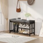 Shoe Rack Bench with Cushion,2 Tiers Shoe Bench with Flip-Top Storage,Wood Shoe Rack for Entryway, Hallway, Bedroom, Front Door Entrance (Black) - Image 6