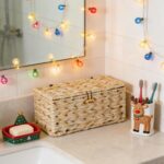 Delamu Handmade Synthetic Rattan Cable Management Box, Flat Weave Desk Organizer with Wire Management, Multi Purpose Cord Hider Box, 12.5" Lx 5.3" Wx 5.3" H, Natural & White - Image 3